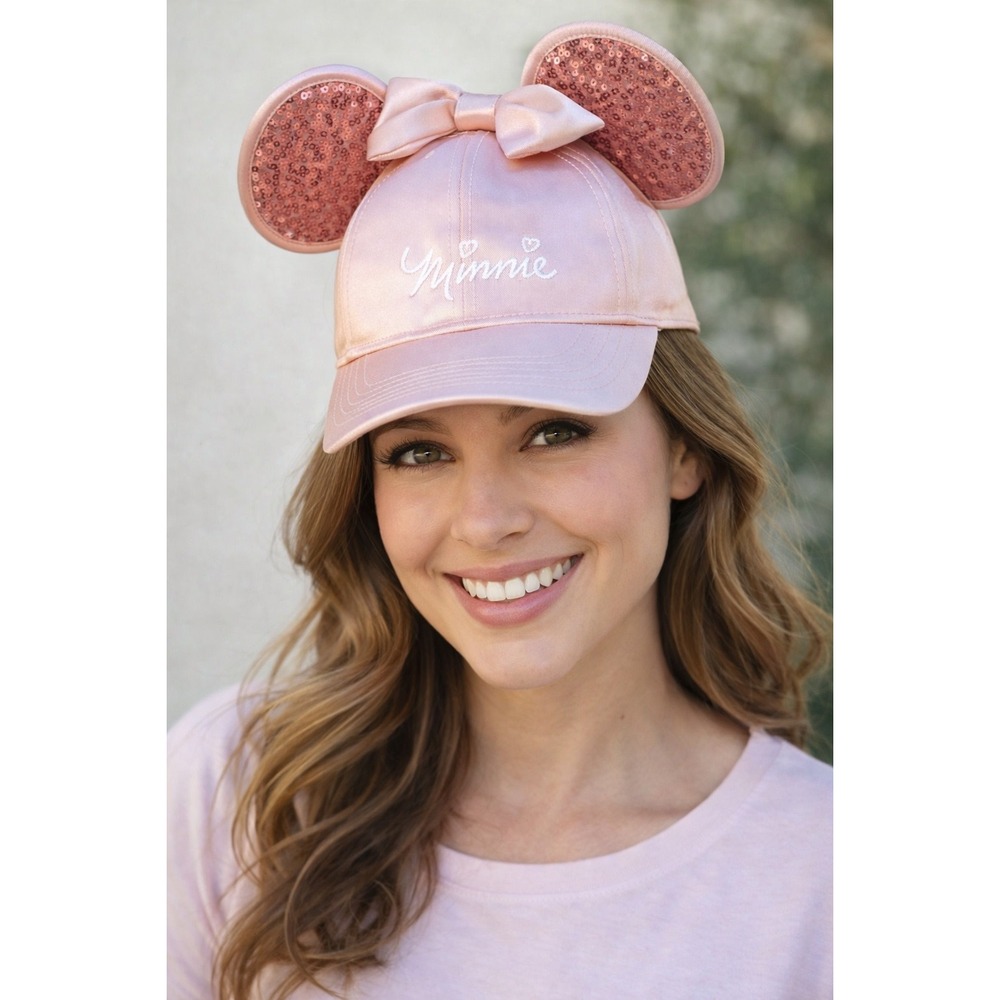 Disney Minnie Mouse‎ Pink Satin Hat Ears Bow Baseball Cap Adjustable Womens